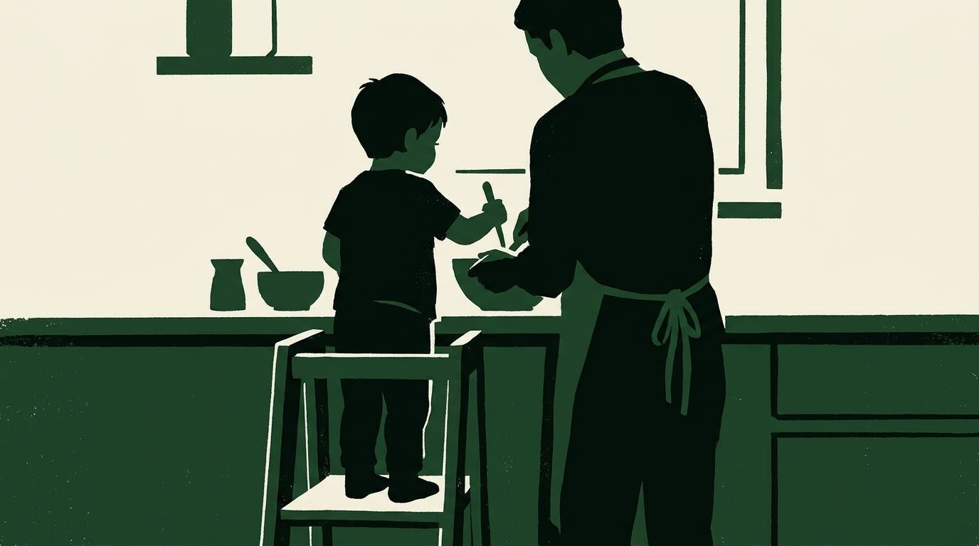 A minimalist illustration in dark green, black, and cream. A young child stands on a stepstool at a kitchen counter, reaching up to help an adult cook. Both figures face away from the viewer, rendered in high-contrast silhouette.
