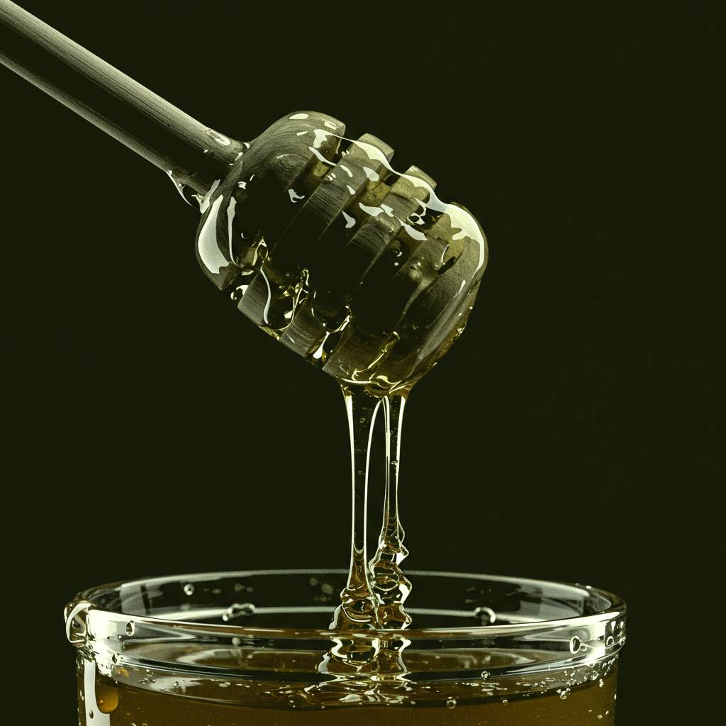 A wooden honey dipper dripping golden honey in a long, continuous stream into a clear glass jar below, photographed against a dark background with dramatic lighting that highlights the translucent quality of the honey.