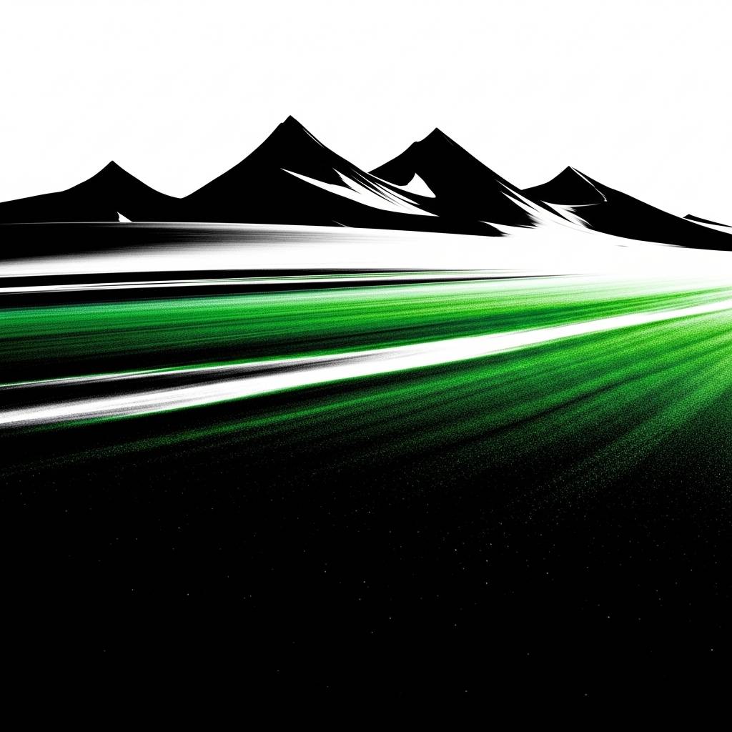 A stylized landscape featuring dark, sharp-edged mountains in the background and a sweeping field of green and white gradients in the foreground. The colors blend in smooth, horizontal streaks, giving the scene a sense of motion and iridescence against a 