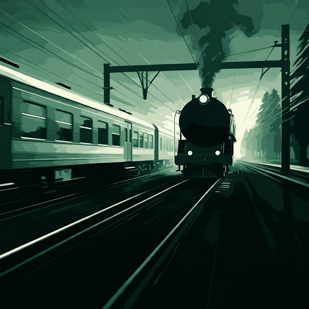 A powerful steam locomotive charges forward on the tracks, emitting a thick plume of smoke into the sky. The train's headlights shine brightly, illuminating the path ahead. To its left, a sleek modern passenger train speeds past in the opposite direction.