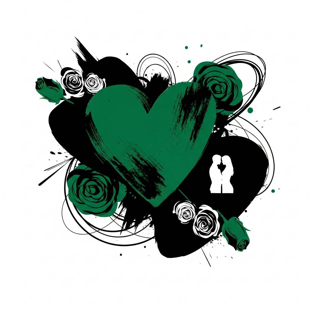 A stylized illustration featuring a large green heart with black brushstrokes, surrounded by green and white roses and abstract black splatters. In the background, there’s a smaller silhouette of a couple facing each other, creating a romantic, expressive