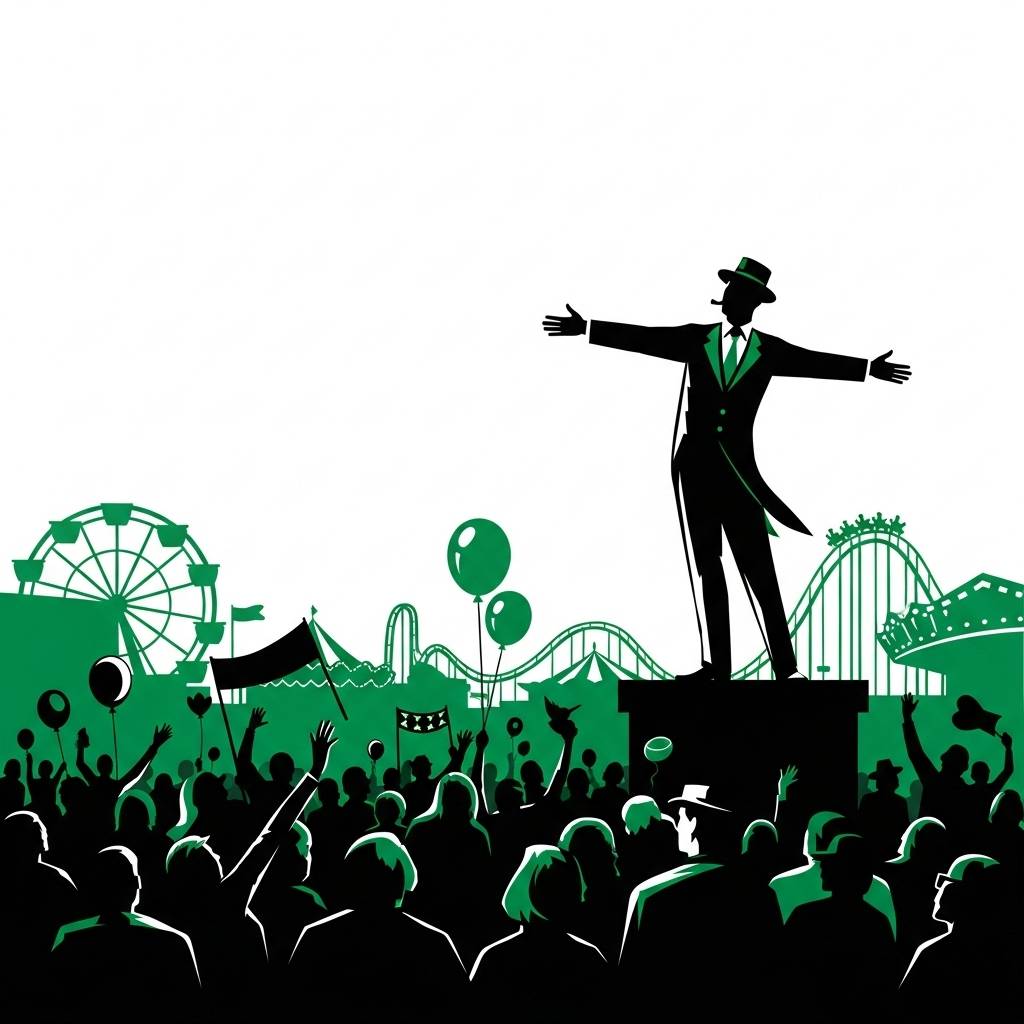 Illustration of a charlatan: a showman in formal attire stands on an elevated platform with arms spread wide in a grand, theatrical gesture while addressing a crowd at a carnival. The carnival backdrop with its ferris wheel and attractions suggests the tr