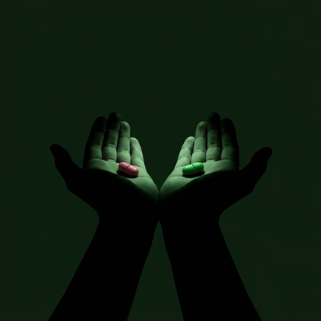 This image shows two hands held open, palms facing upward, against a dark green background. The hands are dramatically lit, creating strong contrast between light and shadow. In the left palm sits a red/pink pill or capsule, while the right palm holds a g