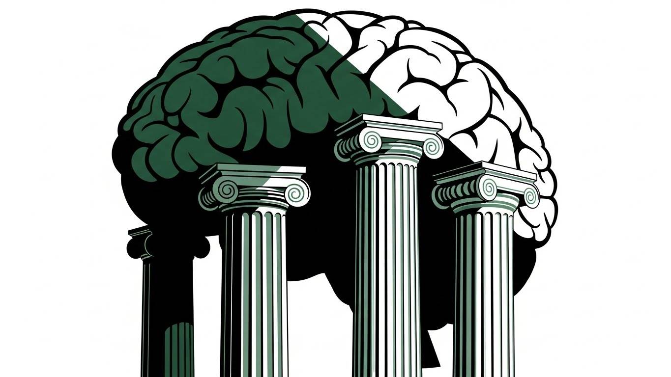 A stylized human brain rendered in green, white, and black resting on three Greek Ionic columns against a black background