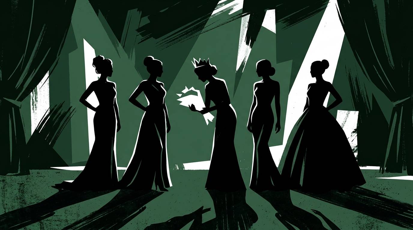 Stylized illustration of six silhouetted women in elegant gowns standing on a stage. One figure wears a crown and holds papers, facing the others as if reading or announcing. The scene is rendered in dark silhouettes against a green, abstract background w