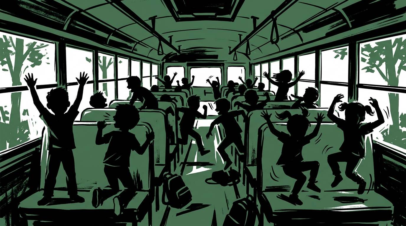 A high-contrast graphic illustration of a school bus interior, viewed from the front looking toward the back. Black silhouetted children fill the aisle and seats in various states of chaos — arms raised, bodies turned, one figure standing, backpacks scatt