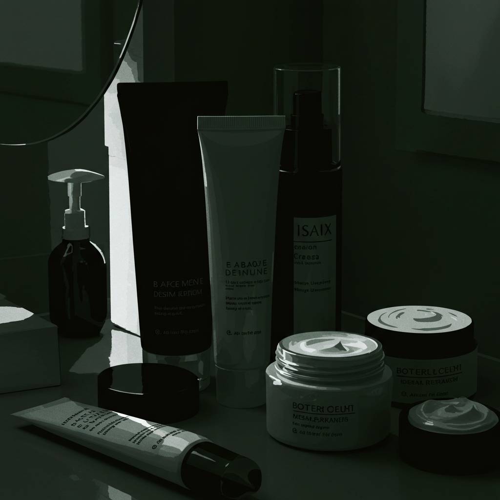 This image shows a collection of skincare and beauty products arranged on what appears to be a reflective surface, photographed in moody, low lighting with a greenish tint. The products are arranged in an artistic, minimalist composition against a dark ba