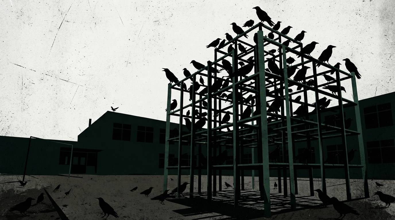 Dozens of black birds perch on and around a schoolyard climbing frame, with more scattered across the ground and a low school building behind, in a grainy, ominous black-and-green illustration.