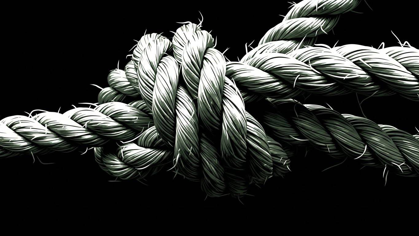 A tight, complex knot tied in thick braided rope against a black background