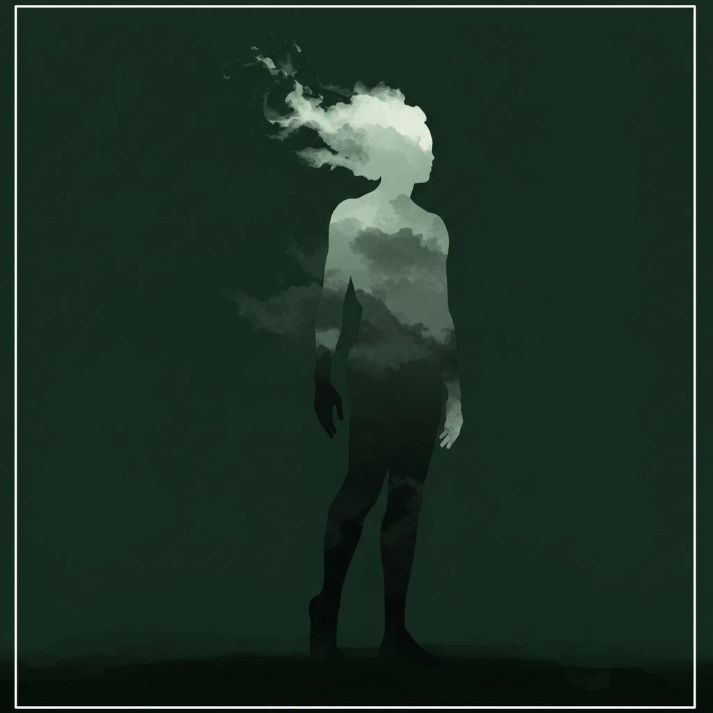 Silhouette of a standing human figure against a dark green background. The figure appears semi-transparent and filled with soft, swirling clouds, especially concentrated around the torso and head. The top of the head dissolves into mist, blending with the