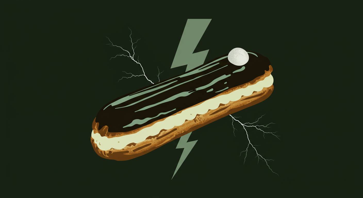 Illustration of a chocolate éclair with cream filling, positioned in front of a green lightning bolt on a dark green background. Lightning sparks radiate around the éclair, and a small white sphere rests on top.