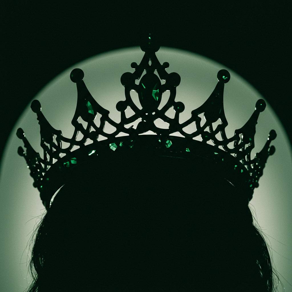Silhouette of a person wearing an ornate crown against a bright circular background. The crown features intricate metalwork with decorative points, scrollwork, and what appear to be green gemstones or reflective elements. The person's hair is visible arou