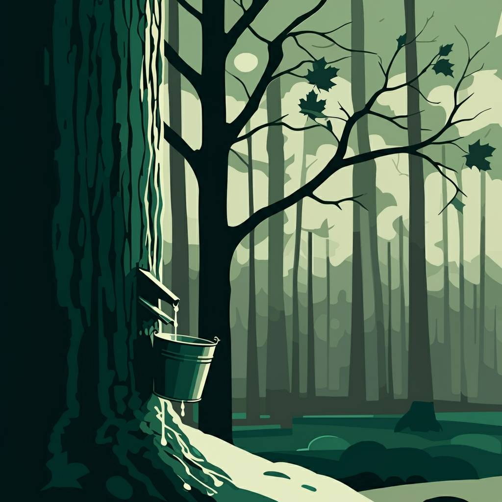 A serene forest scene featuring a large tree with a metal bucket hanging from a spout, collecting sap. The tree's bark is textured, and sap drips slowly into the container. In the background, tall, bare trees stand against a pale sky