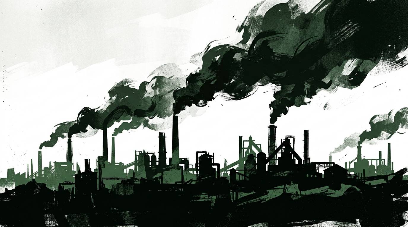 A stylized illustration of an industrial skyline rendered in dark green and black brushstroke textures against a white sky. Multiple factory smokestacks release billowing plumes of dark smoke that sweep dramatically across the upper portion of the image.