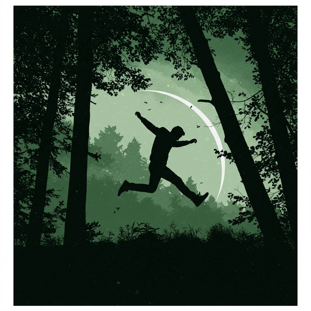 Silhouette of a person jumping mid-air in a forest clearing, with arms raised and legs bent, surrounded by tall trees. A crescent-shaped light glows in the green-toned sky, and small birds fly in the background.