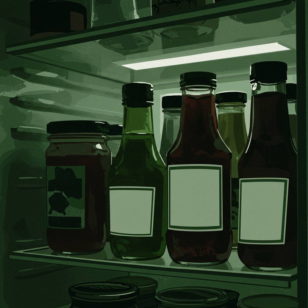 This image shows the interior of a refrigerator with multiple glass bottles and jars arranged on the shelves. The scene is lit by the refrigerator's internal light, casting a greenish tint throughout. On the main shelf in focus, there are several bottles 