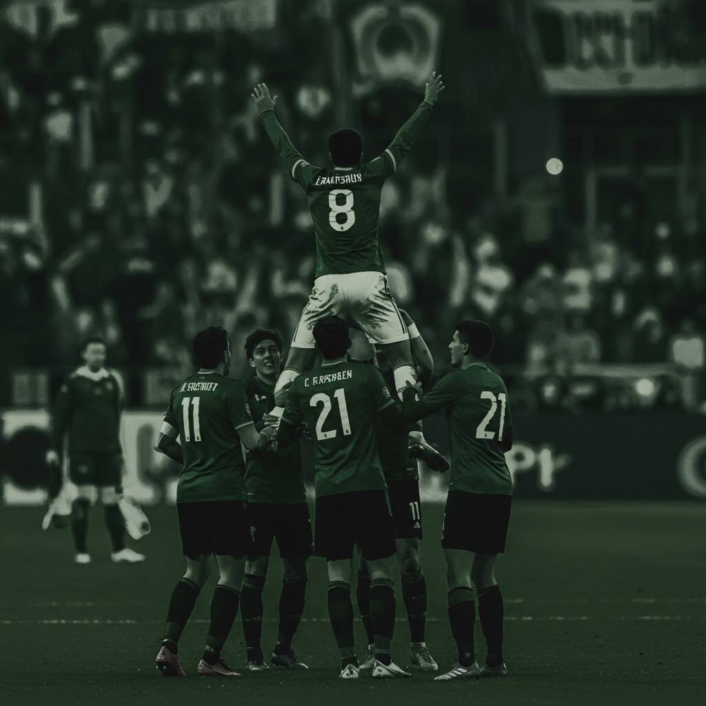 Black and white photograph of soccer players celebrating a goal. A player wearing jersey number 8 is being lifted up by his teammates with his arms raised in celebration. Other visible players include numbers 11, 21, and another 21. The scene takes place 