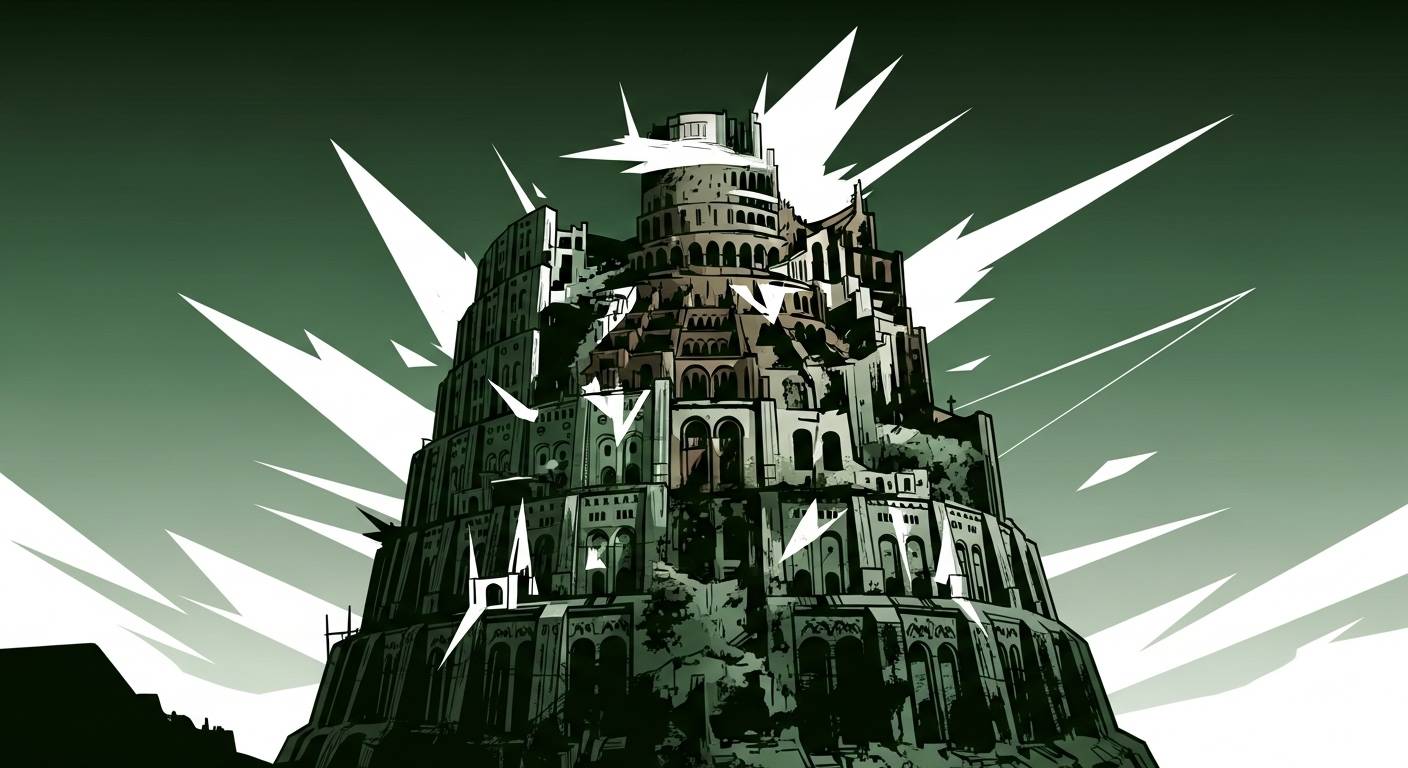 Artistic rendering of the Tower of Babel, a massive spiraling structure with multiple tiers and architectural details, surrounded by dramatic white energy beams radiating outward.