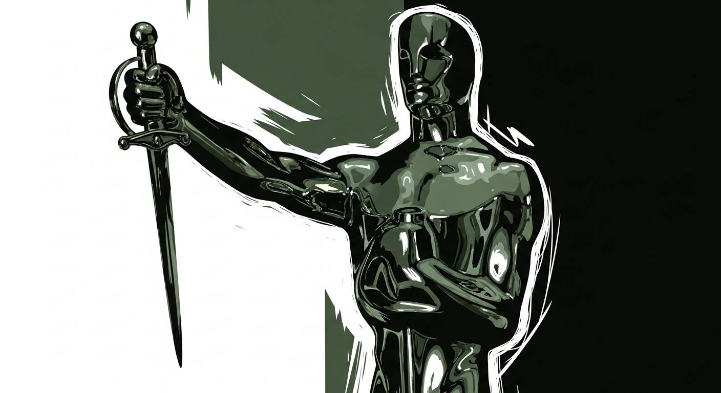 A stylized, metallic human figure resembling an Oscar statuette stands against a split black-and-white background, holding a long dagger upright in one hand. The figure appears reflective and abstract, blending the imagery of an awards trophy with a weapo
