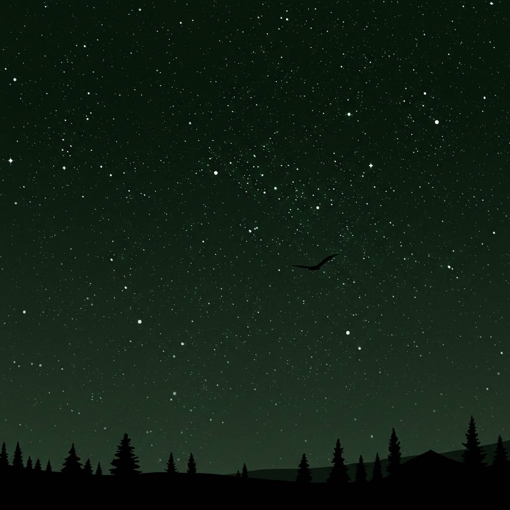 A vast night sky dotted with countless bright stars stretches above a dark landscape of rolling hills and evergreen trees. A lone bird glides across the starry sky, adding a sense of quiet movement to the stillness of the scene. The overall mood is serene