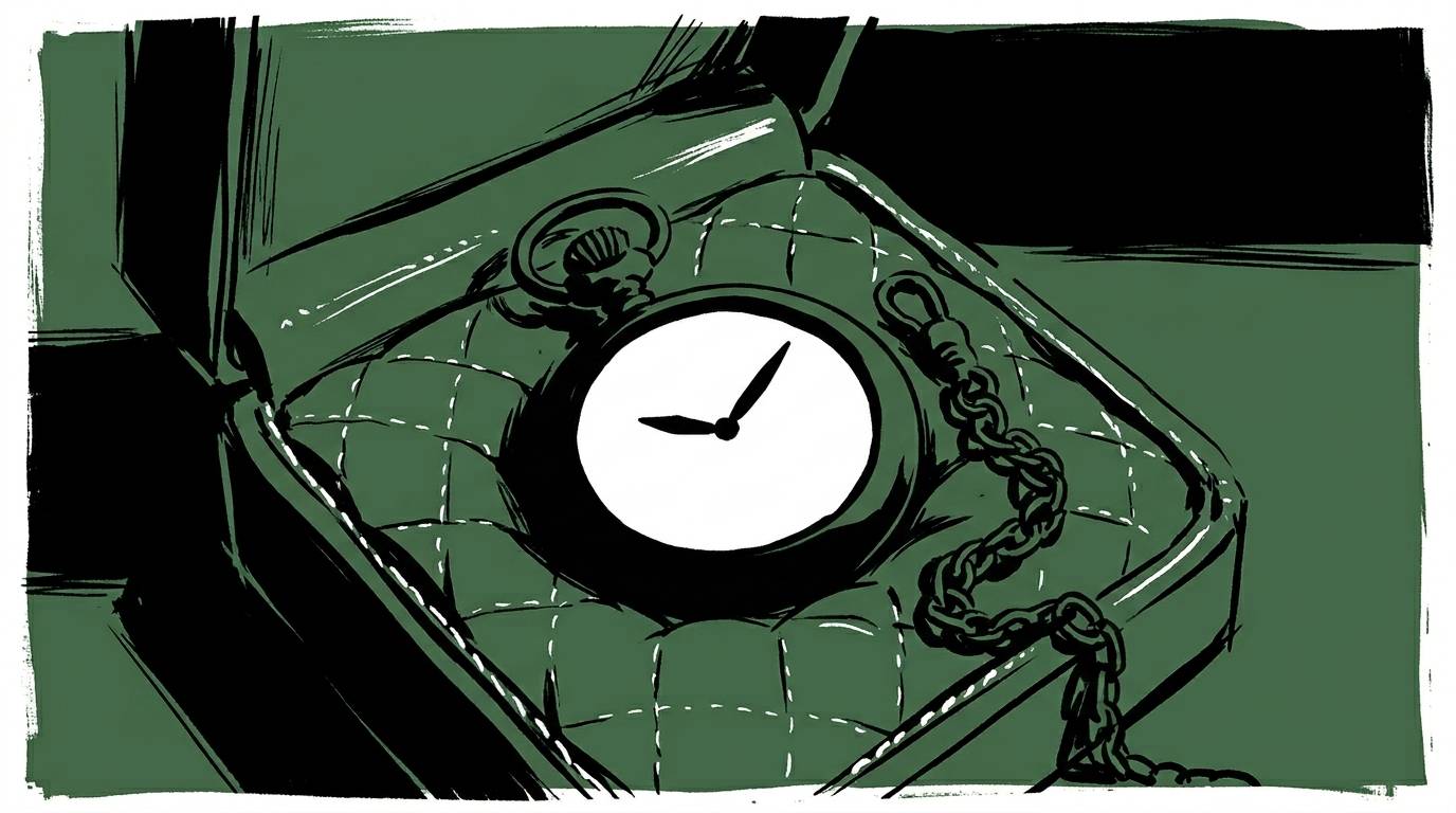A stylized illustration of a pocket watch resting on a quilted cushion inside an open jewelry box, with a chain draped to the side. The image is rendered in a sketchy, graphic novel style using deep green and black tones.