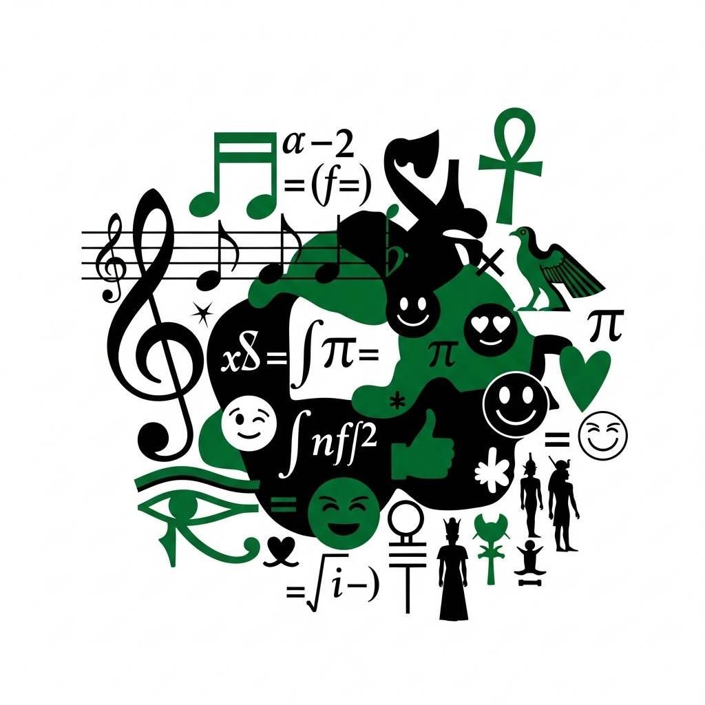 A collage of black and green symbols including musical notes, mathematical equations, Greek letters, Egyptian hieroglyphs, smiley faces, a heart, and human figures. The symbols are arranged in a circular pattern, blending elements of music, mathematics, l