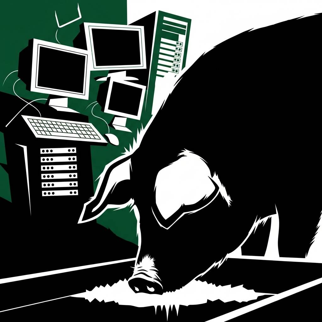 Dramatic black, white, and green illustration depicting a pig in silhouette positioned among an array of computer equipment including multiple monitors with blank screens, a keyboard, mouse, and server racks. The composition cleverly merges the traditiona