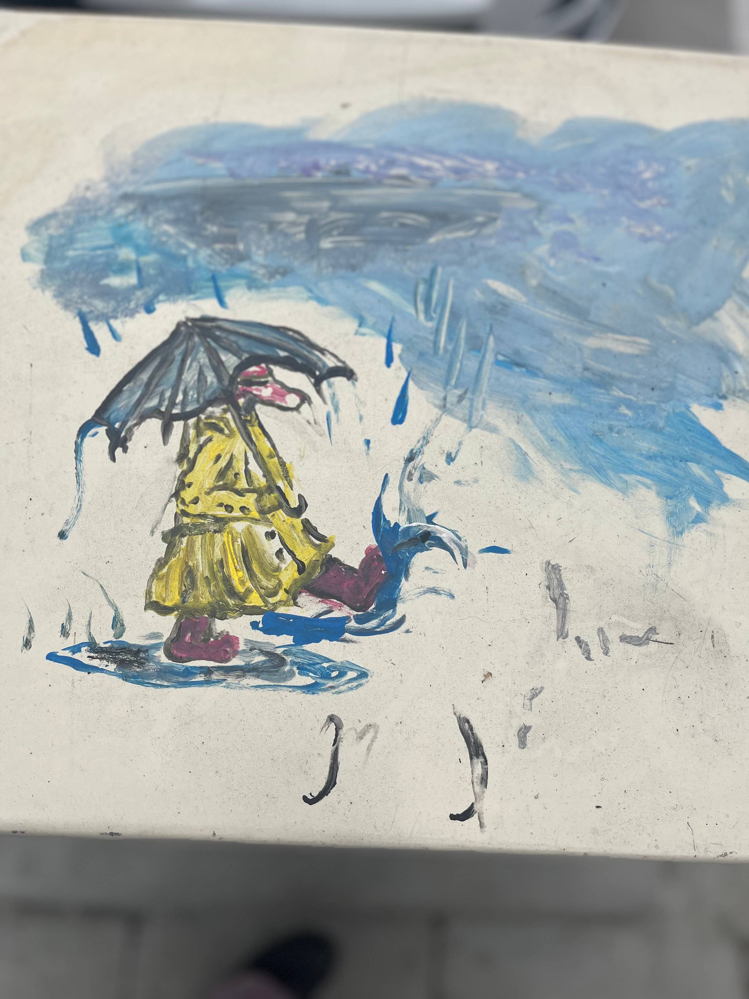 grafitti of a person sloshing through the rain in a yellow rain coat, red boots, with rain falling on a blue umbrella