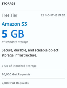 AWS free tier of S3 data storage up to 5 GB