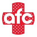 Logo with a red cross shape, featuring the lowercase letters "afc" in white. The cross has a pattern of white dots.