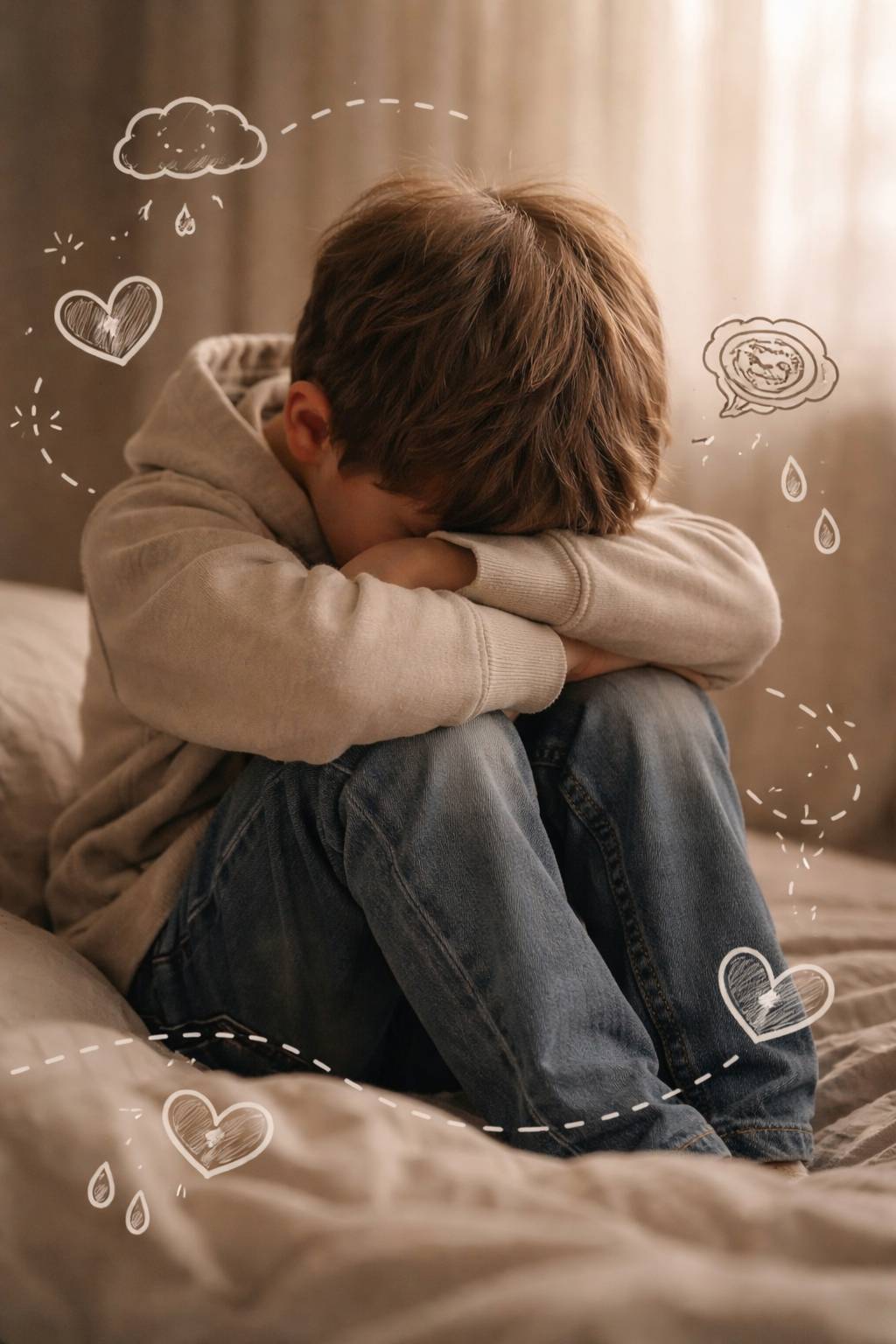 A boy with his head in his arms on his knees