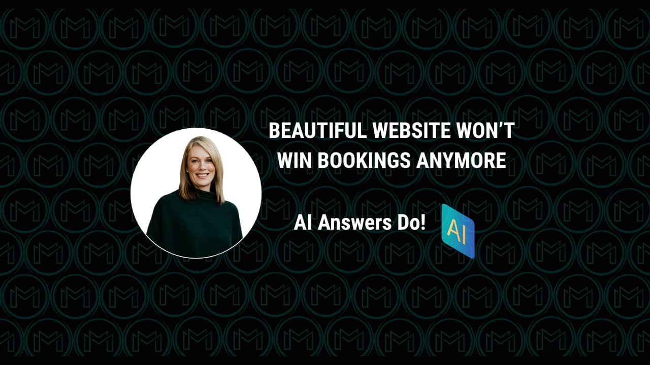 Christine Malfair on a dark patterned background with the text “Beautiful website won’t win bookings anymore” and “AI answers do.”