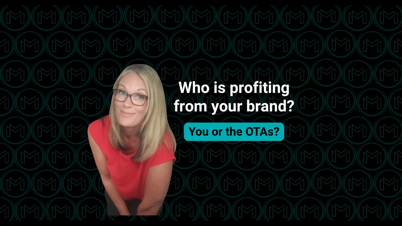 Christine Malfair, hotel marketing strategist, smiling in front of the Malfair Marketing logo backdrop. Text reads: ‘Who is profiting from your brand? You or the OTAs?’ — promoting the Bookings Boost program that helps hotels take back revenue from online