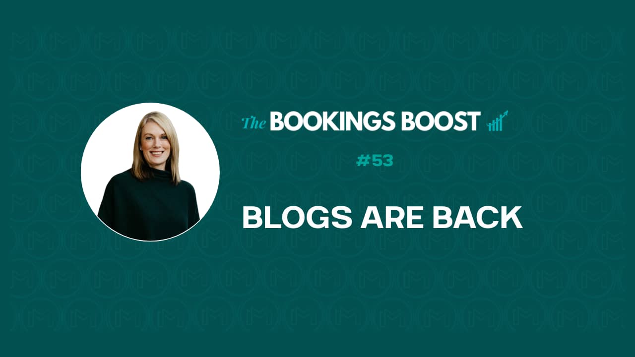 Bookings Boost #53 cover with Christine Malfair and headline Blogs Are Back about AI citations and hotel blog visibility | Hoteliers Bookings Boost Newsletter