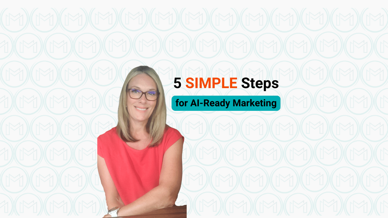 Christine from Malfair Marketing smiling in a red top with text overlay: “5 SIMPLE Steps for AI-Ready Marketing” — Bookings Boost newsletter cover.
