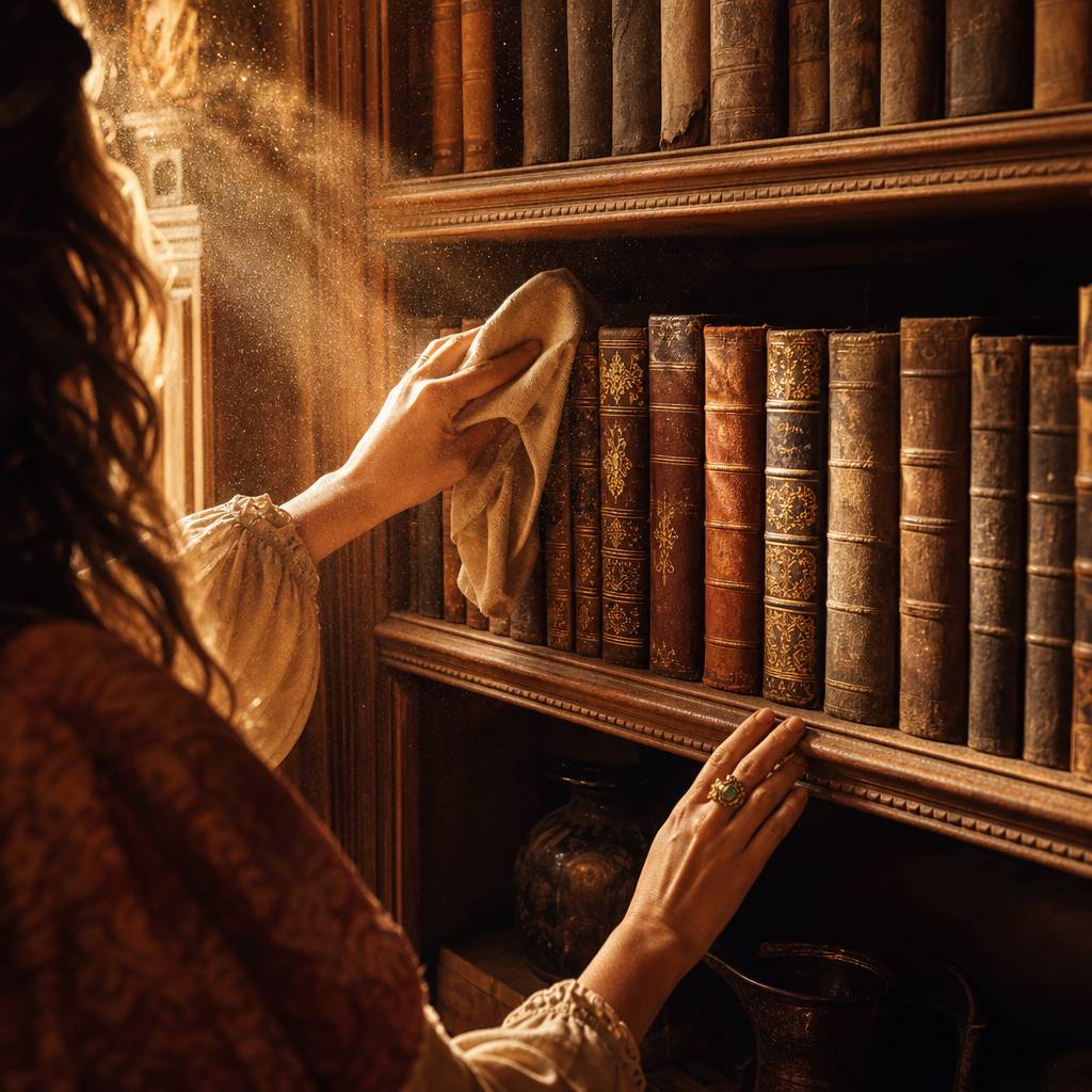 A woman dusting an old dusty bookcase