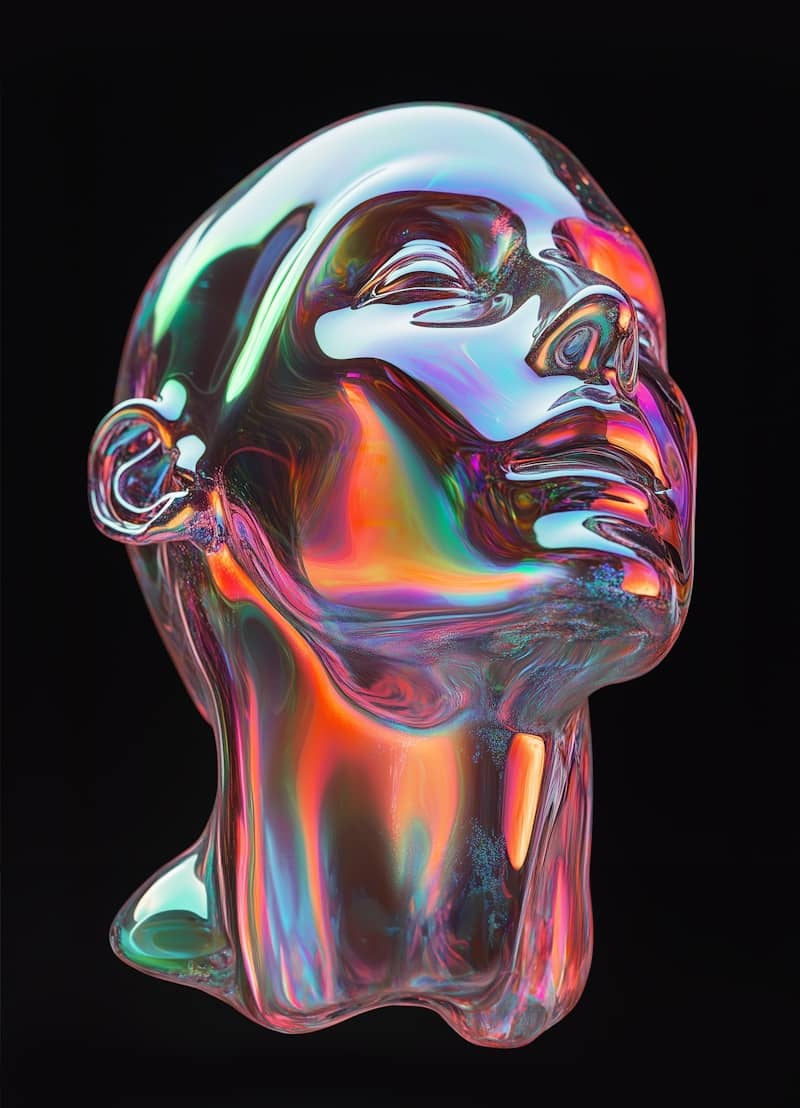 A glass sculpture of a person's head on a black background