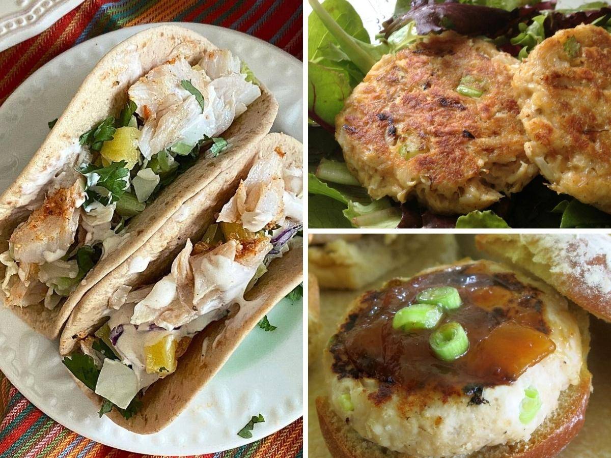 Collage of fish tacos, crab cakes, and mango turkey burgers.