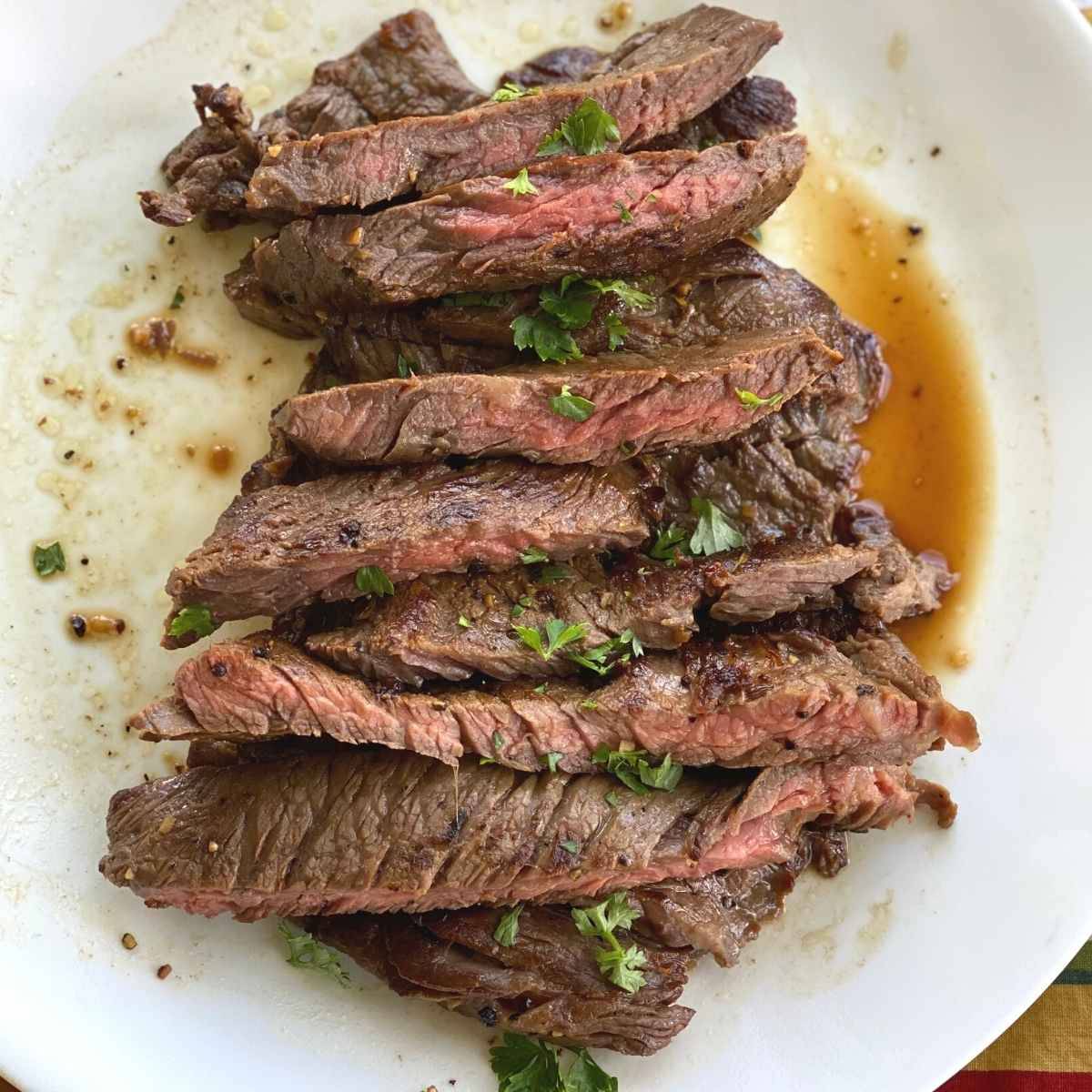 Platter of sliced bavette steak.