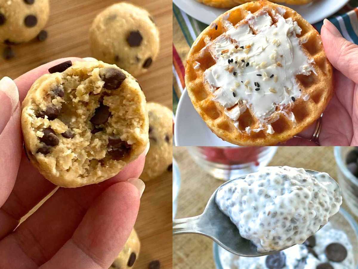 Collage of chaffle, chia pudding, and chickpea cookie dough balls.