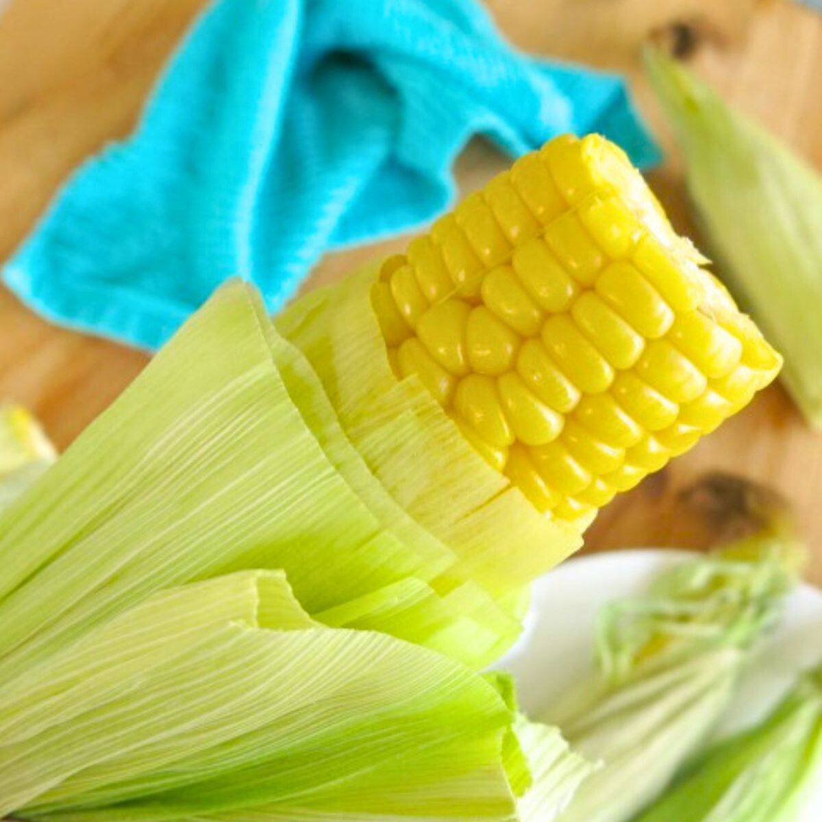 Corn on the cob partially removed from husk.