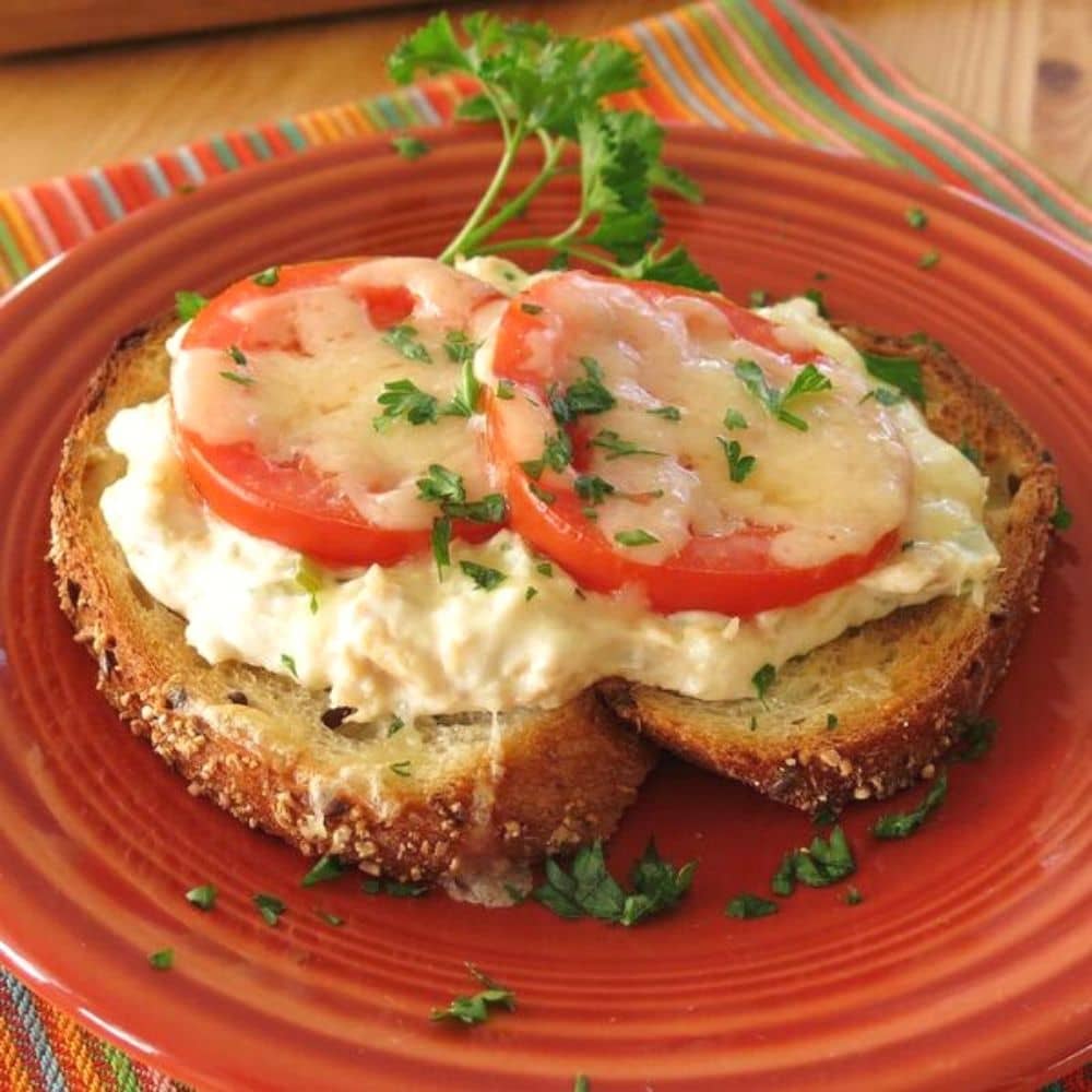 Open-faced tuna melt on an orange plate.