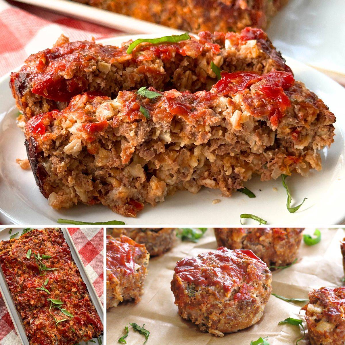 Collage of cheesy gourmet meatloaf presentations.