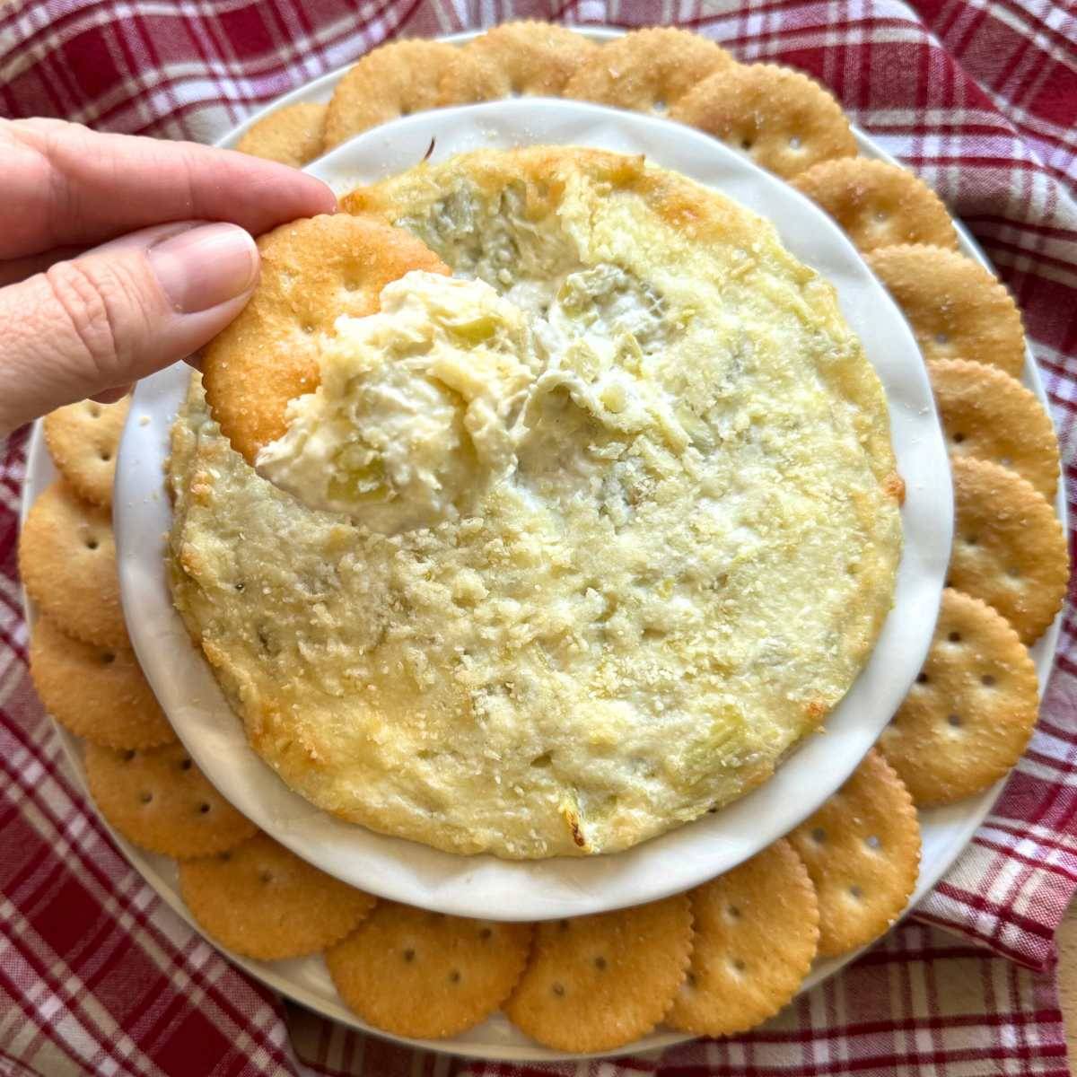 Fingers holding a cracker with artichoke dip over a bowl with more.