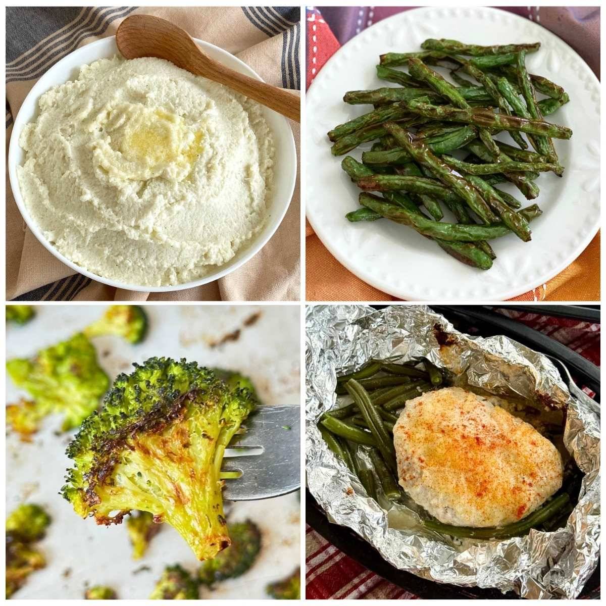 Collage of mashed cauliflower, crispy green beans, roasted broccoli and chicken foil packets all made with frozen vegetables.