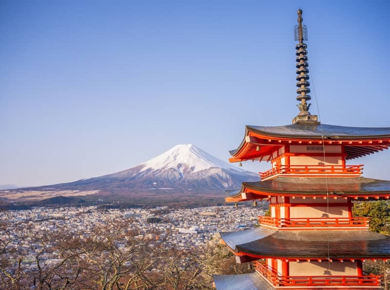 Pagoda and mount fuji in Fujiyoshida Japan