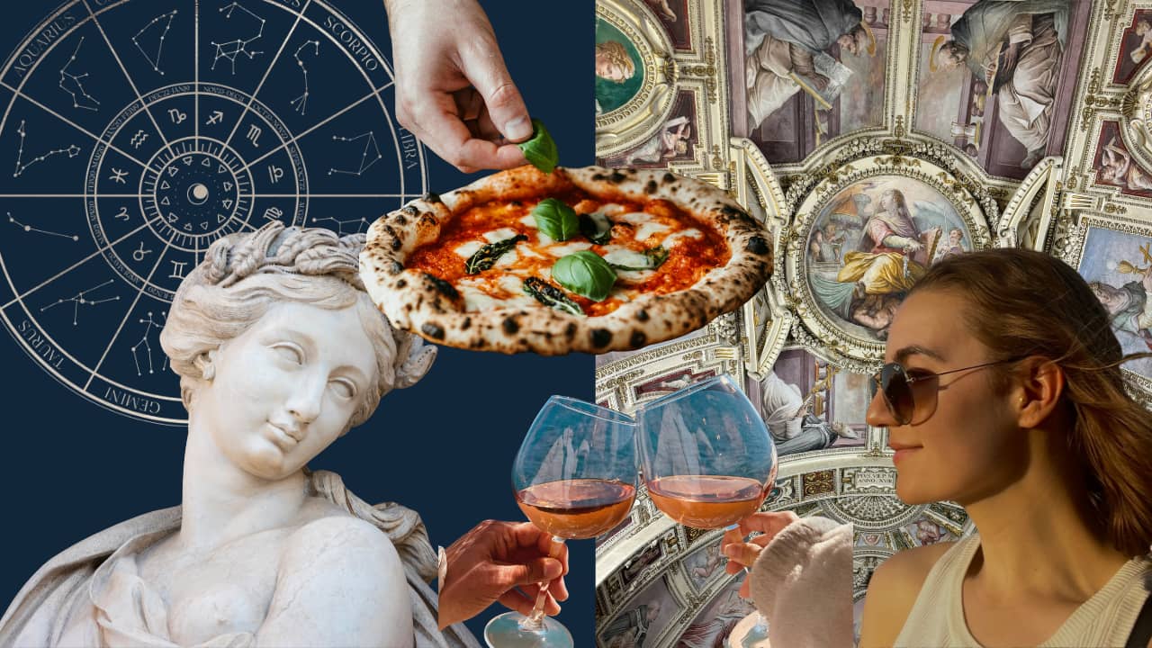 An Italian collage with a marble sculpture, pizza, and ceiling fresco.
