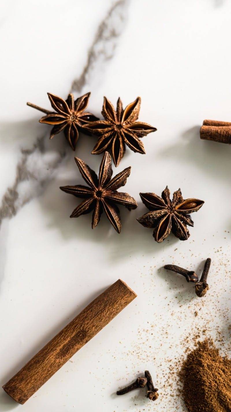 Cinnamon spice and star anise on a marble table