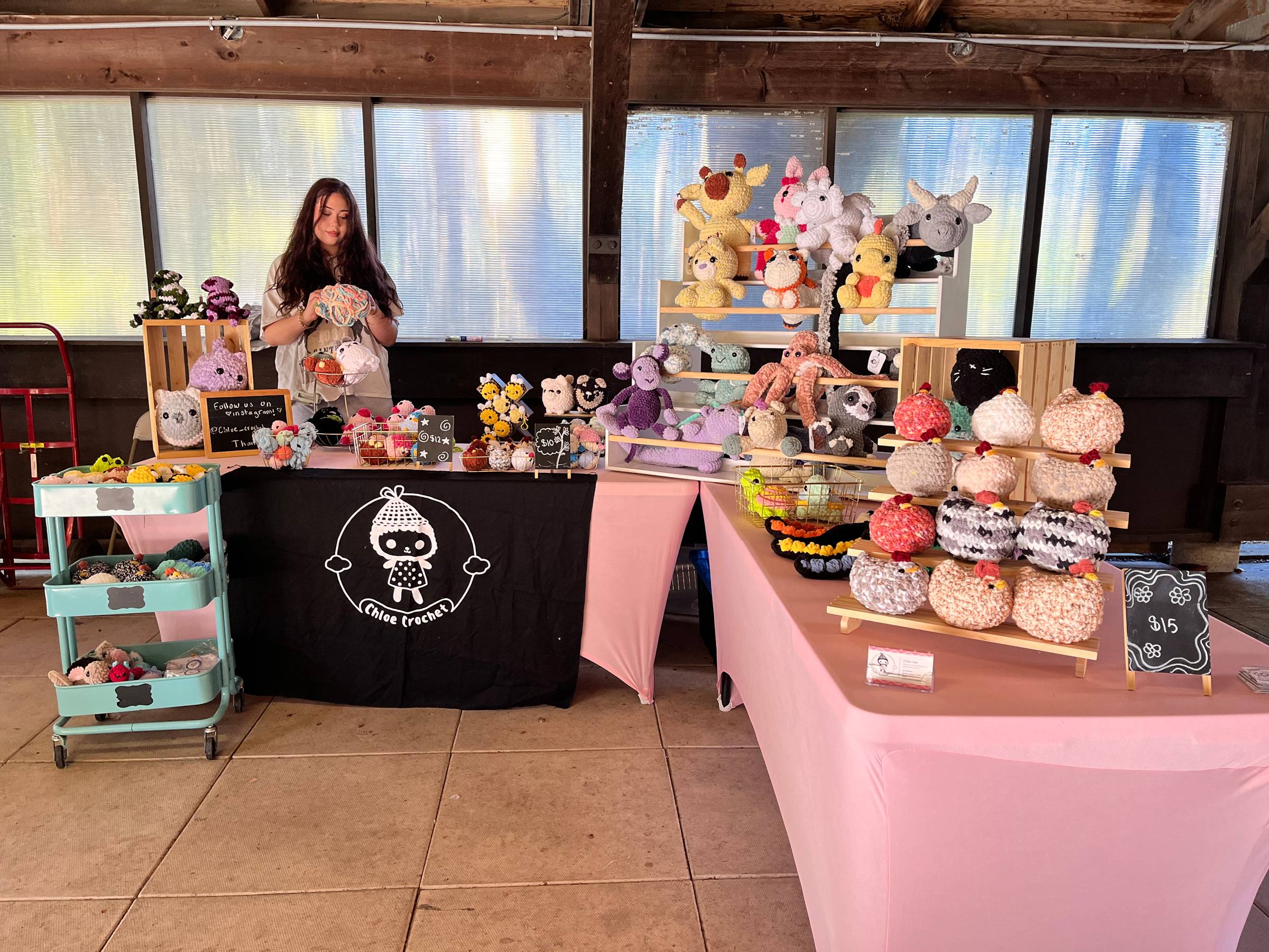 A maker stands behind her craft market booth holding a crocheted plush. The pink-draped tables display shelves of colourful handmade crochet animals, including giraffes, cows, octopuses, bees and rows of round chickens, with chalkboard price signs. A blac