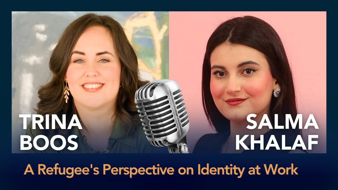Trina Boos and Salma Khalaf pictured announcing podcast episode where they talk about a refugee's perspective on identity at work